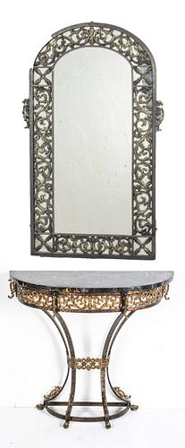 BRONZE AND WROUGHT IRON, MARBLE TOP CONSOLE WITH MIRROR,  H 45", DIA 20" 