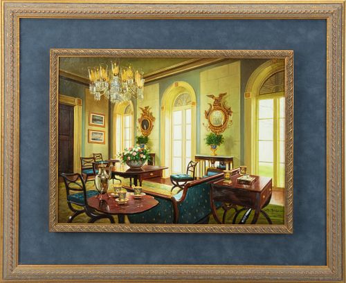 S. LEE, OIL ON PANEL, H 12", W 16", FEDERAL STYLE PARLOR 