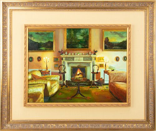 S. LEE, OIL ON PANEL, H 12", W 16", FIREPLACE, 2 CHAIRS 