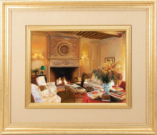 S. LEE, OIL ON WOOD PANEL, H 12", W 16", FIREPLACE, SOFA, CHAIR 