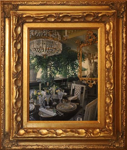 S. LEE, OIL ON PANEL, H 16", W 11", DINING ROOM DETAIL 
