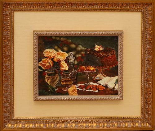 S, LEE, OIL ON WOOD PANEL, H 7", W 9", DESSERT TABLE WITH ROSES 