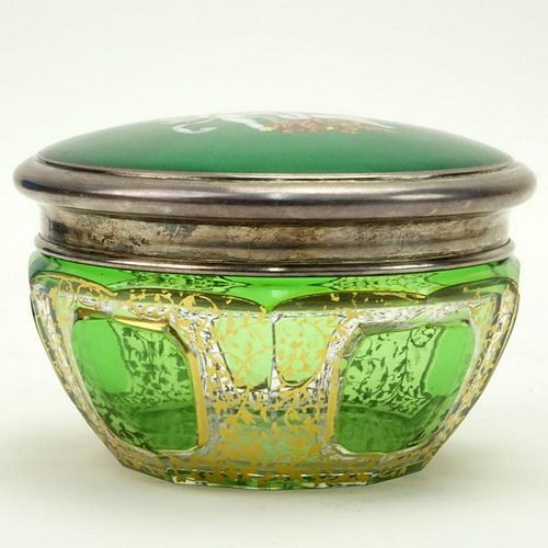 Antique Austrian Guilloche Enamel Sterling Silver and Green to Clear Glass Powder Box