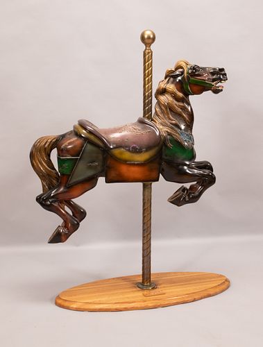 POLYCHROMED CARVED WOOD CAROUSEL HORSE, BRASS POLE, H 60", L 41" 