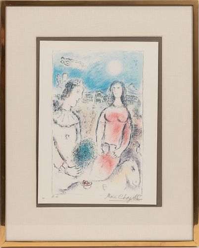 MARC CHAGALL (FRENCH/RUSSIAN, 1887–1985) OFFSET LITHOGRAPH, ON WOVE PAPER, 1981 H 15" W 11" LE COUPLE AU CREPUSCULE 