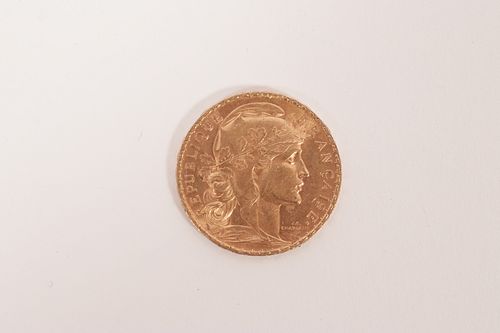 FRANCE 20 FRANC GOLD COIN, 1908, DIA 3/4", T.W. 6 GR 