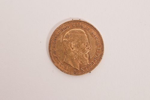DEUTSCH GOLD 10 MARK COIN, 1888, DIA 3/4", T.W. 4 GR 