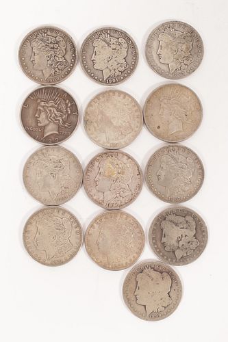 MORGAN (11) & PEACE DOLLAR (2) COINS, 1885-1923, 13 PCS, DIA 1.5"