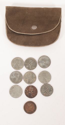U.S. STEEL PENNIES, 1943, 9 PCS + 1863 COIN, DIA 3/4" 