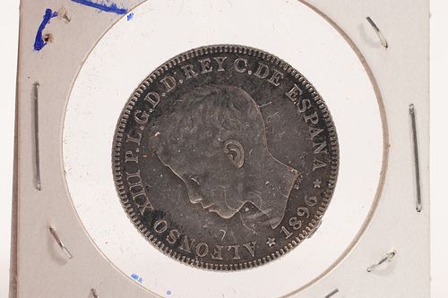 PUERTO RICO KING ALFONSO XIII, COAT OF ARMS MIRROR-LIKE 40 CENTAVOS (COIN PENDANT)  1896 1 AS IS RIM DAMAGE 