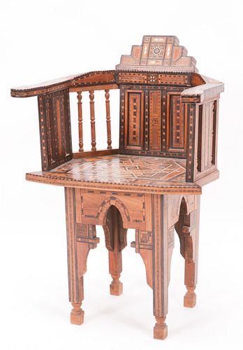 MOORISH MOTHER OF PEARL PARQUETRY ARM CHAIR, C. 1900, H 32", W 22" 