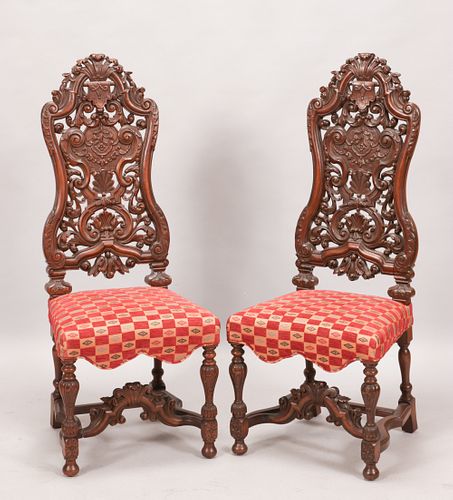 ENGLISH WALNUT HEAVILY CARVED SIDE CHAIRS, C 1900,  PAIR H 49" W 20" 