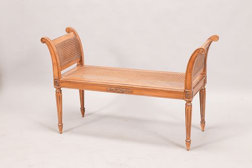 LOUIS XVI STYLE WALNUT AND CANE  BENCH C 1920, H 29" L 49" 