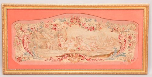 AUBUSSON FRENCH WOVEN TAPESTRY, 19TH C, H 28", W 68" (VISIBLE), GARDEN CHERUBS 