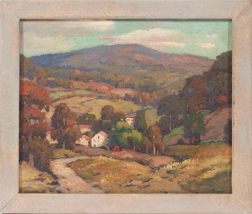 GEORGE JENSON, USA, (1878-17) OIL ON MASONITE H 10" W 12" "NESTLED IN THE VALLEY-PA" 
