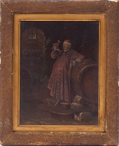 OIL ON CANVAS, 19TH C, H 12.5", W 9.5", MONK IN THE CELLAR 