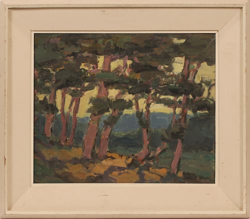 JULIUS MATISONS OIL ON MASONITE H 21" W 24.5" FOREST  & OVER LOOKING WATER 