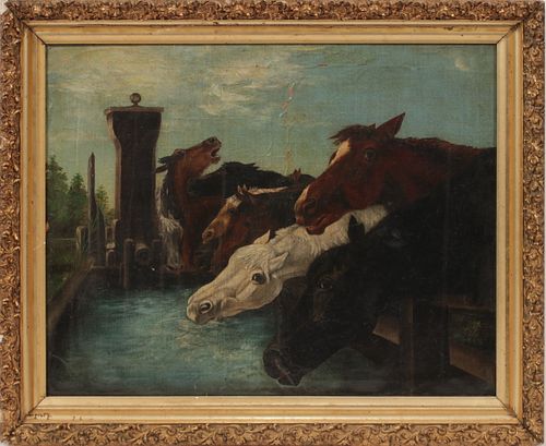 OIL ON CANVAS PAINTING H 17.375" W 22" HORSES AT TROUGH 
