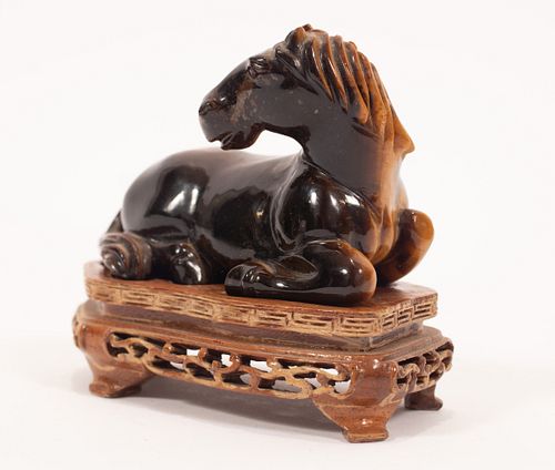 CHINESE CARVED TIGERS EYE SCULPTURE, H 2", L 3.5", RECUMBENT HORSE 