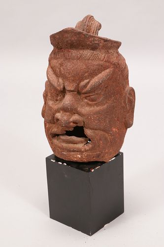 CHINESE CAST IRON HEAD OF A WARRIOR H 12" W 8.5" 