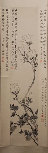 CHINESE INK ON PAPER SCROLL, H 84", W 14", CHERRY BLOSSOMS 