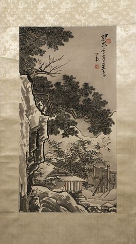 CHINESE INK & COLOR ON SILK SCROLL, H 7' 7", W 1' 9" MOUNTAIN LANDSCAPE 