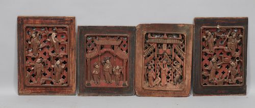 CHINESE CARVED WOOD WITH PIGMENT WALL ORNAMENTS GROUP OF FOUR H 10" W 8" 