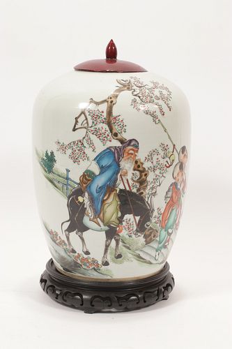 CHINESE PAINTED PORCELAIN GINGER JAR, H 12", DIA 8" 