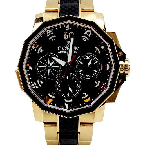 Men's Corum 18 Karat Rose Gold Admiral's Cup Challenge 44 Watch with Carbon Fiber, Serial Number 2252746 with Box, Outer Box 