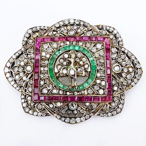 Antique Rose Cut and Single Cut Diamond, Emerald, Ruby and 18 Karat White Gold Brooch