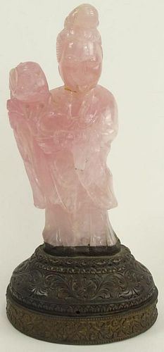 Antique Chinese Carved Rose Quartz Figurine on Brass Base