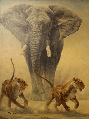 GEORGE R. ESTES, OIL ON CANVAS, H 40" W 29 " ELEPHANT WITH LIONS 