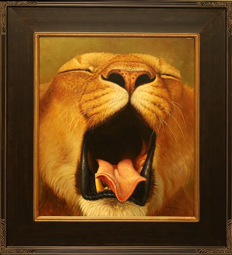 SIGNED DUOYAN, OIL ON CANVAS, H 24", W 19", ROARING LION 