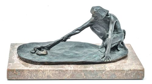 AFTER CHARLES MARION RUSSELL (AMERICAN, 1864-1926) BRONZE SCULPTURE, H 4", L 8.5", THE SNAKE PRIEST 