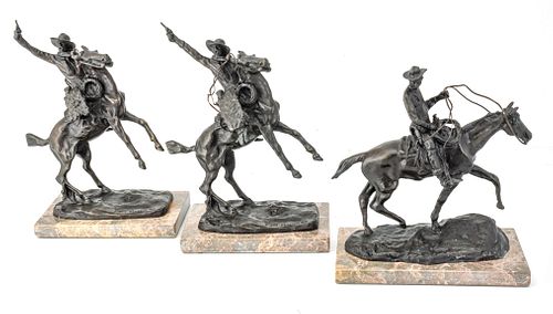 AFTER CHARLES MARION RUSSELL (AMERICAN, 1864-1926) BRONZE SCULPTURES, 3 PCS, H 9"-11.5" 