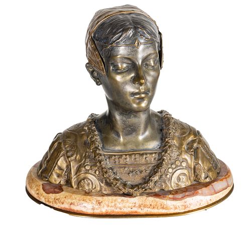 ROLAND GRANGE-COLOMBO (FRENCH, 19TH C) BRONZE BUST, H 14", W 15", GRANDE DAME PATRICIENNE FLORENTINE 