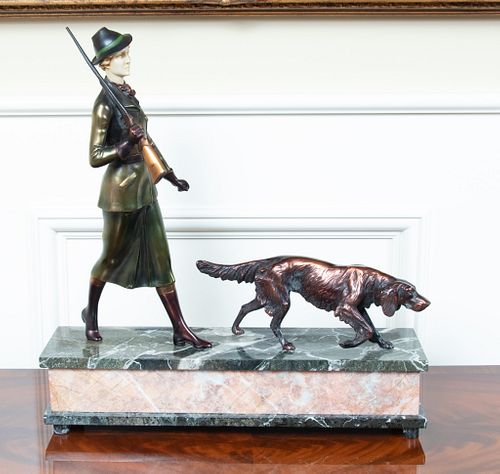 BRONZE CLAD SCULPTURE, BY PHILLIPS, H 20", W 5", L 18", LADY  HUNTER WITH DOG 