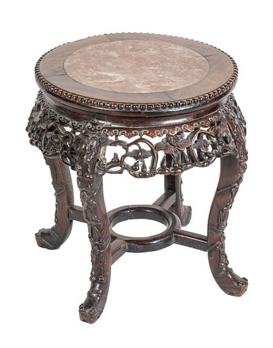 CHINESE CARVED TEAKWOOD TABLE, MARBLE INLAY TOP, H 19", DIA 18"