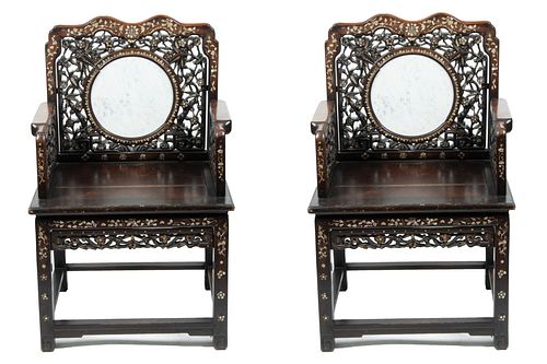 CHINESE ROSEWOOD, MARBLE & MOTHER OF PEARL CHAIRS, C. 1900, PAIR, H 40.5", W 25", D 19" 
