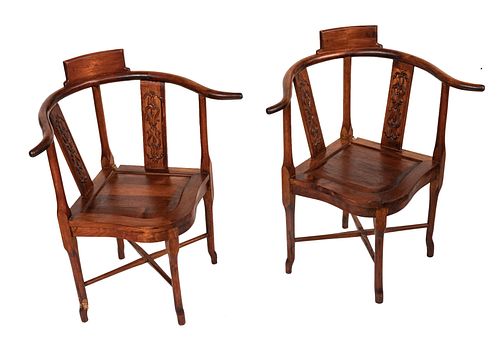 CHINESE CARVED WOOD CORNER CHAIRS, PAIR, H 31" W 26" D 20" 