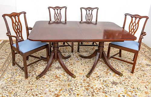 MAHOGANY DINING TABLE AND EIGHT CHAIRS, 20TH C., H 30", W 44", L 64" (TABLE) 