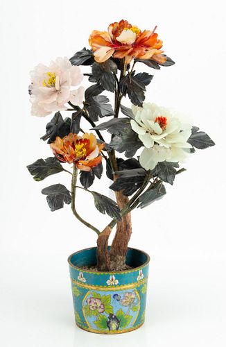 CHINESE HARDSTONE FLOWER BOUQUET IN CLOISONNE POT, H 20", W 12"
