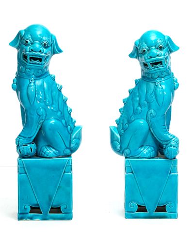 CHINESE PORCELAIN TURQUOISE FOO DOGS STANDING ON PLINTH, PAIR H 13"