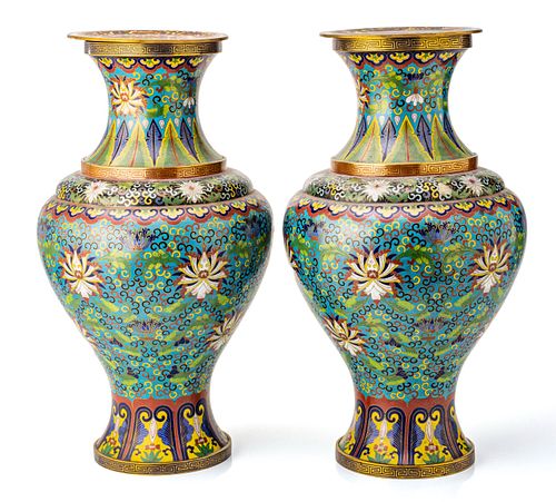 PAIR OF CHINESE CLOISONNE VASES, H 19.5" DIA 11" 