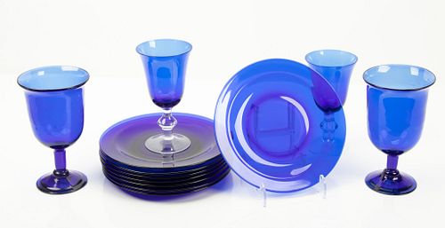 COBALT BLUE GLASS GOBLETS AND DESSERT PLATES, 19 PCS. 