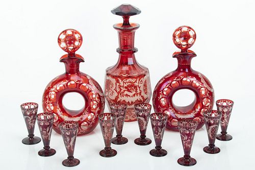 BOHEMIAN RUBY GLASS DECANTERS & CORDIAL SET, C. 1900, 13 PCS, H 4"-12" 