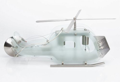 MODERN GLASS AND STEEL  HELICOPTER HANGING LIGHT  H 13" W 4" L 26" 