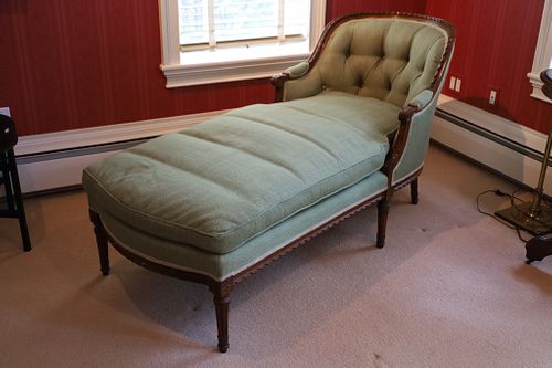 LOUIS XVI STYLE CARVED WALNUT, UPHOLSTERED CHAISE LOUNGE, H 33", L 66" 