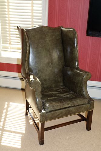 HICKORY CHAIR COMPANY, GREEN LEATHER AND CARVED MAHOGANY WINGBACK CHAIR,  H 45", W 30", D 31"