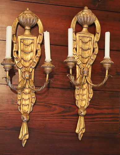 GILDED COMPOSITION & METAL WALL SCONCES, 20TH C, PAIR, H 23", W 8.5"